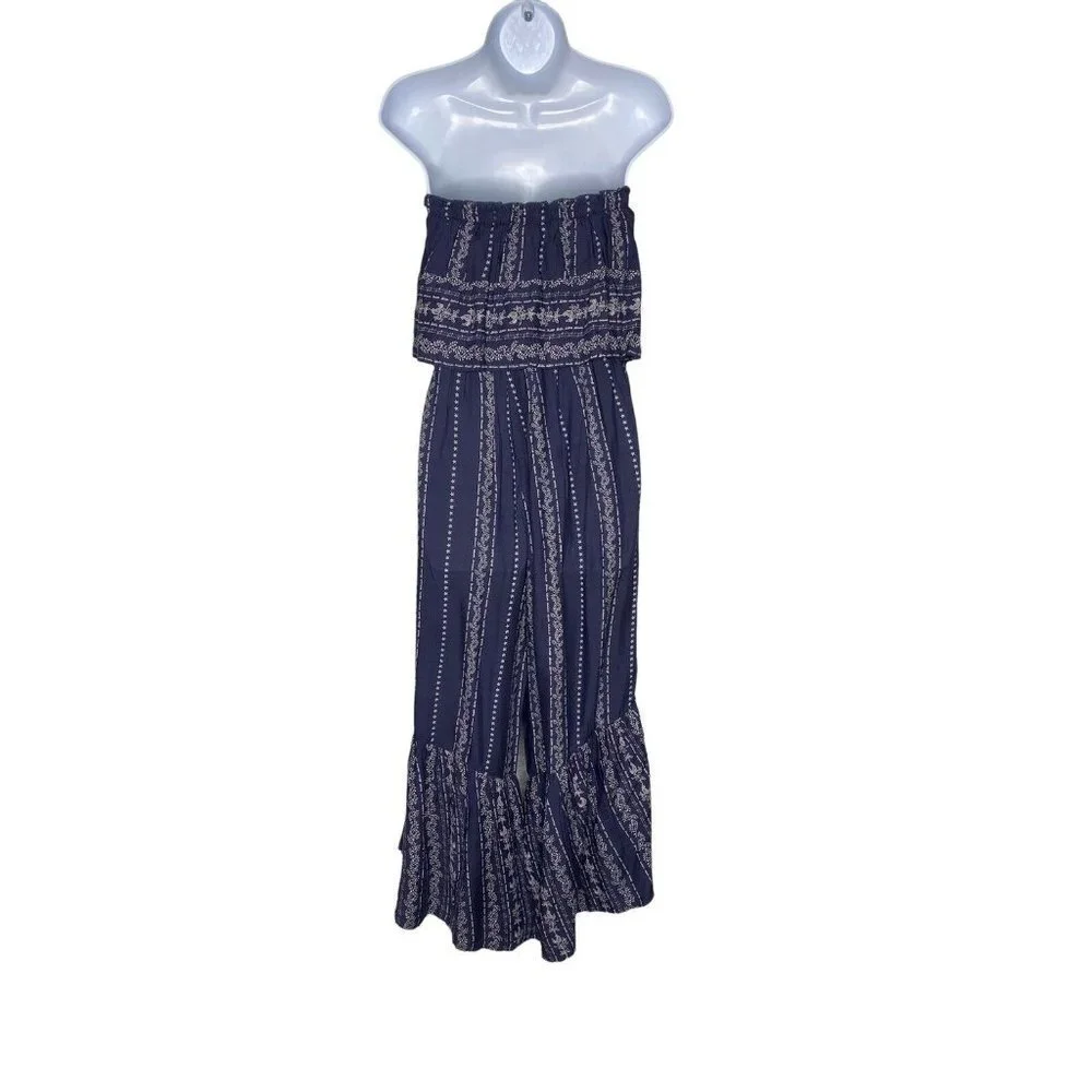 Japna Wide Leg Romper Women's Blue Flare‎ Strapless Smocked Jumpsuit SZ XS